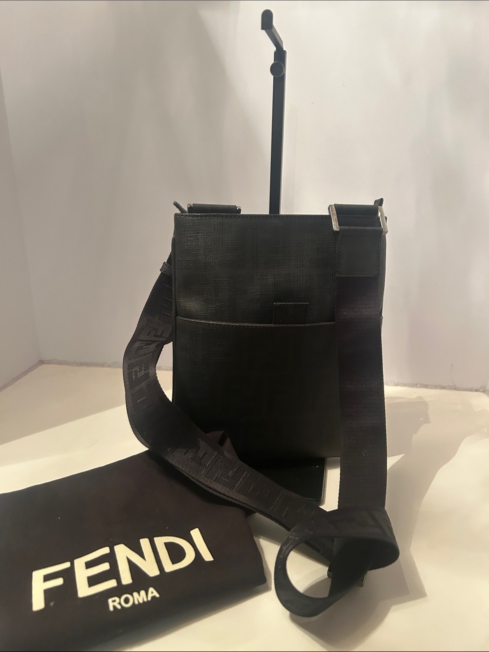 Fendi Black Leather Messenger Crossbody with Branded Strap